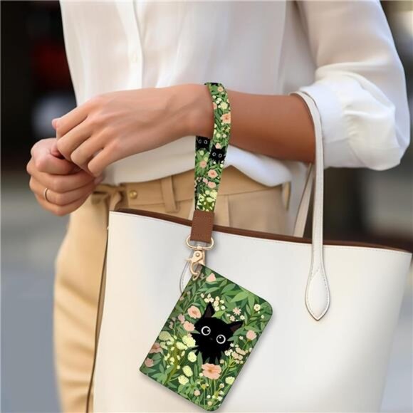 Credit Card Holder for Women, Wristlet Black Cat Flower - Picture 3 of 6